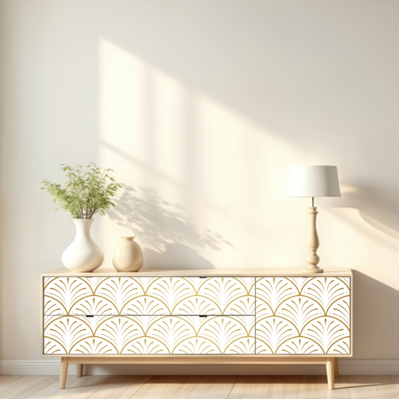 Naklejka repozycjonowalna złoty wzór art deco w stylu wachlarza – Wallissimo® Naklejka repozycjonowalna złoty wzór art deco w stylu wachlarza – Wallissimo®