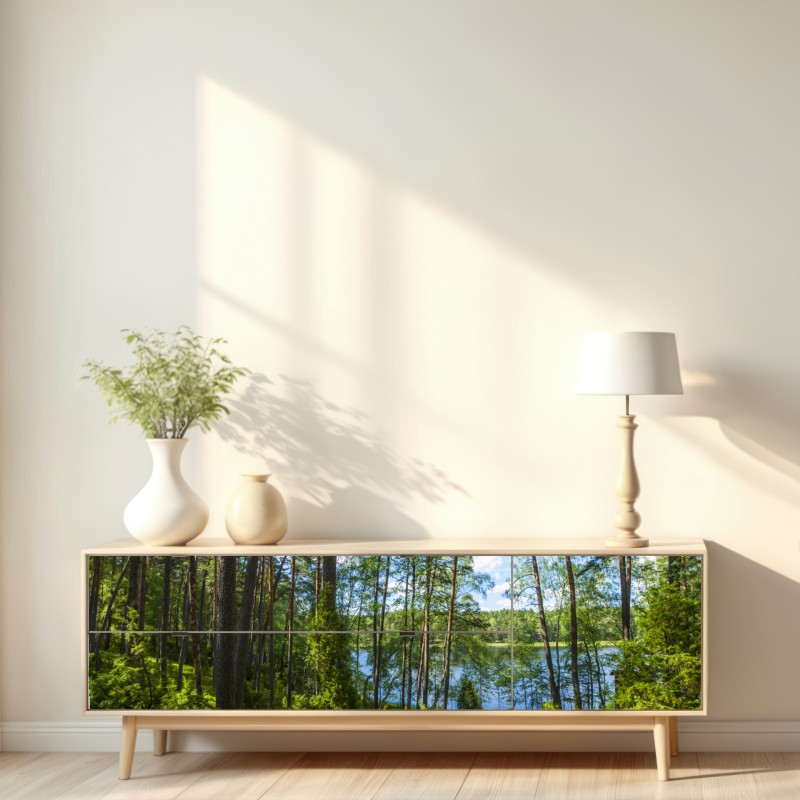 Naklejka repozycjonowalna spokojny las sosnowy nad jeziorem – Wallissimo® Naklejka repozycjonowalna spokojny las sosnowy nad jeziorem – Wallissimo®