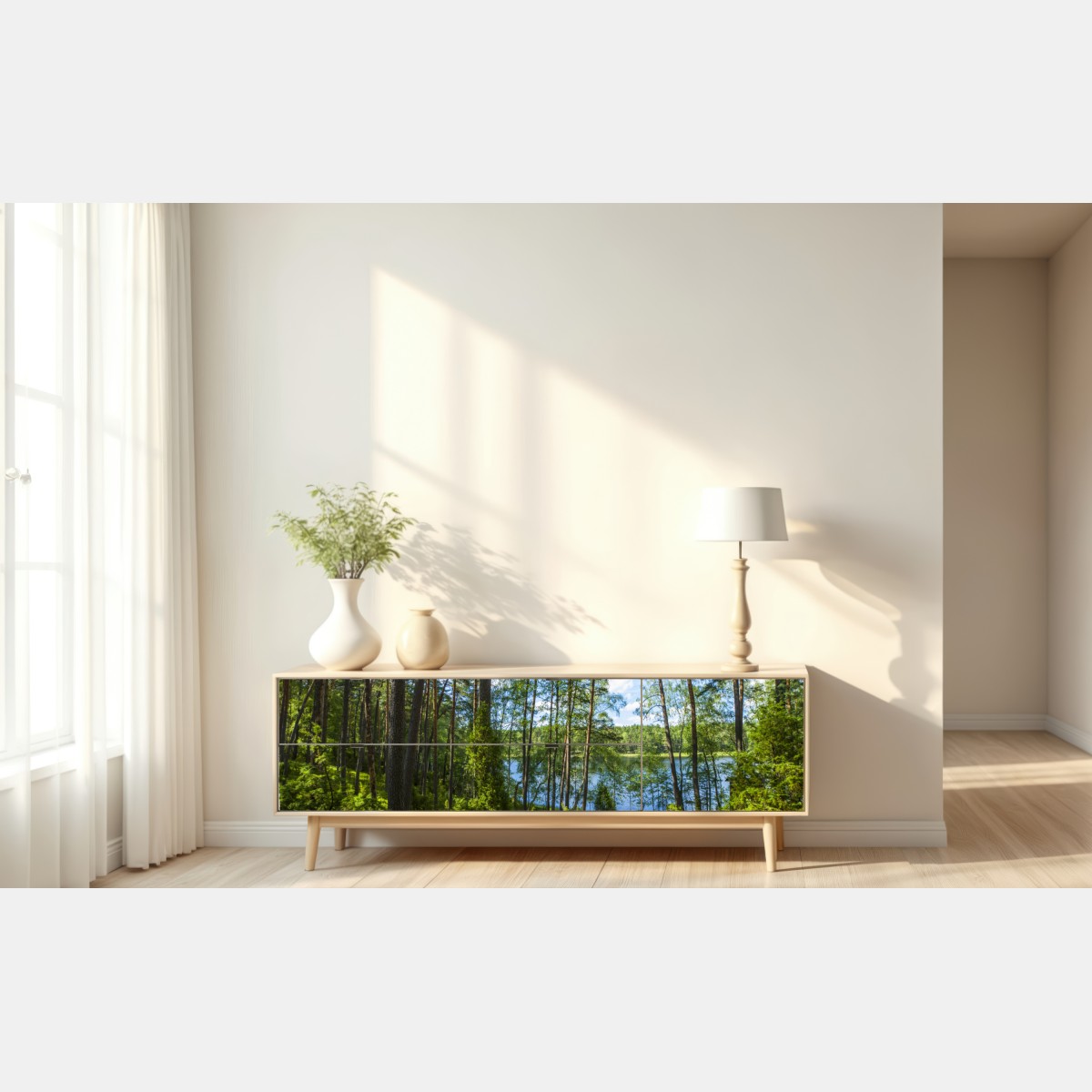 Naklejka repozycjonowalna spokojny las sosnowy nad jeziorem – Wallissimo® Naklejka repozycjonowalna spokojny las sosnowy nad jeziorem – Wallissimo®