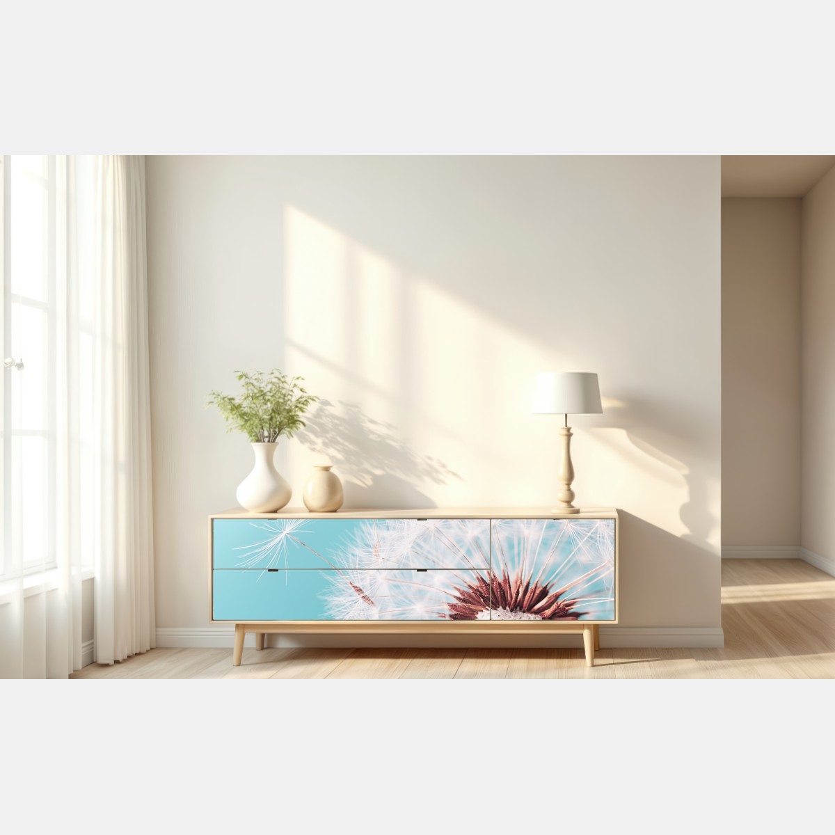 Naklejka repozycjonowalna delikatny dmuchawiec na turkusowym tle – Wallissimo® Naklejka repozycjonowalna delikatny dmuchawiec na turkusowym tle – Wallissimo®