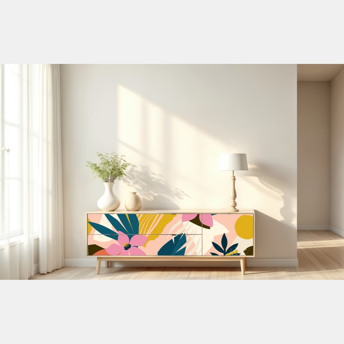 Naklejka repozycjonowalna tropikalna abstrakcyjna grafika kwiatowa – Wallissimo® Naklejka repozycjonowalna tropikalna abstrakcyjna grafika kwiatowa – Wallissimo®