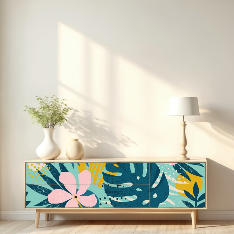 Naklejka repozycjonowalna tropikalne liście i kwiaty – Wallissimo® Naklejka repozycjonowalna tropikalne liście i kwiaty – Wallissimo®