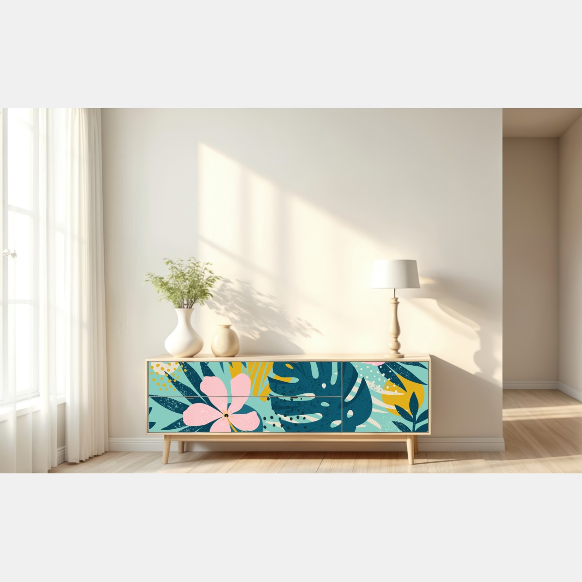 Naklejka repozycjonowalna tropikalne liście i kwiaty – Wallissimo® Naklejka repozycjonowalna tropikalne liście i kwiaty – Wallissimo®