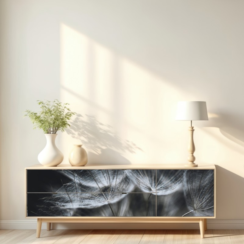 Naklejka repozycjonowalna delikatne nasiona mniszka w monochromie – Wallissimo® Naklejka repozycjonowalna delikatne nasiona mniszka w monochromie – Wallissimo®