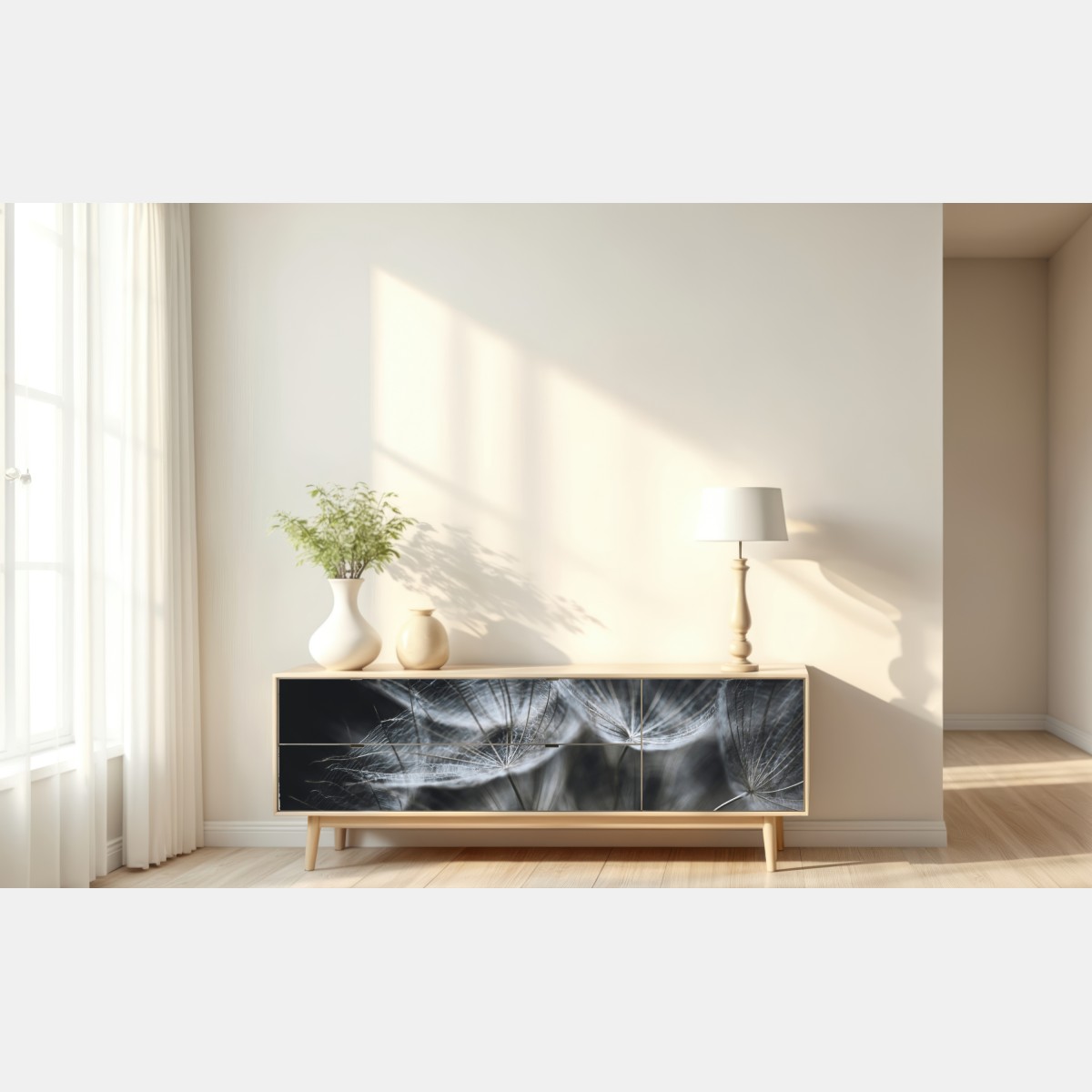 Naklejka repozycjonowalna delikatne nasiona mniszka w monochromie – Wallissimo® Naklejka repozycjonowalna delikatne nasiona mniszka w monochromie – Wallissimo®