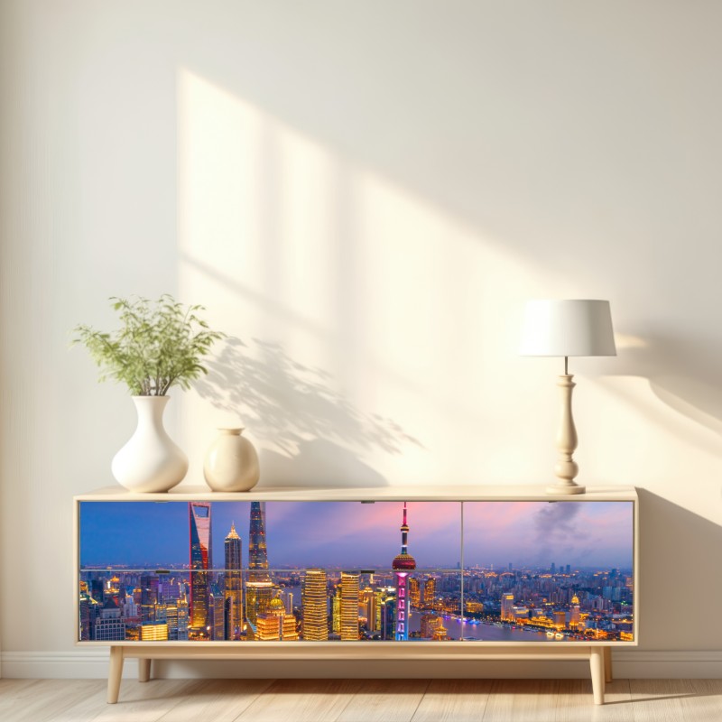 Naklejka repozycjonowalna Szanghaj nocna panorama miasta – Wallissimo® Naklejka repozycjonowalna Szanghaj nocna panorama miasta – Wallissimo®