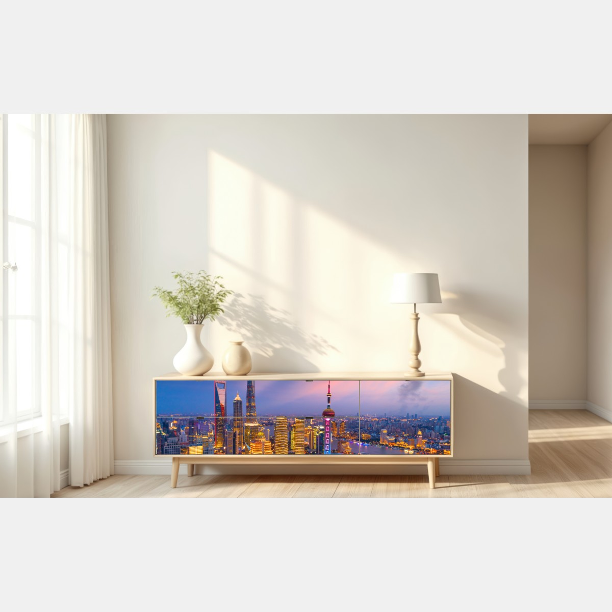 Naklejka repozycjonowalna Szanghaj nocna panorama miasta – Wallissimo® Naklejka repozycjonowalna Szanghaj nocna panorama miasta – Wallissimo®