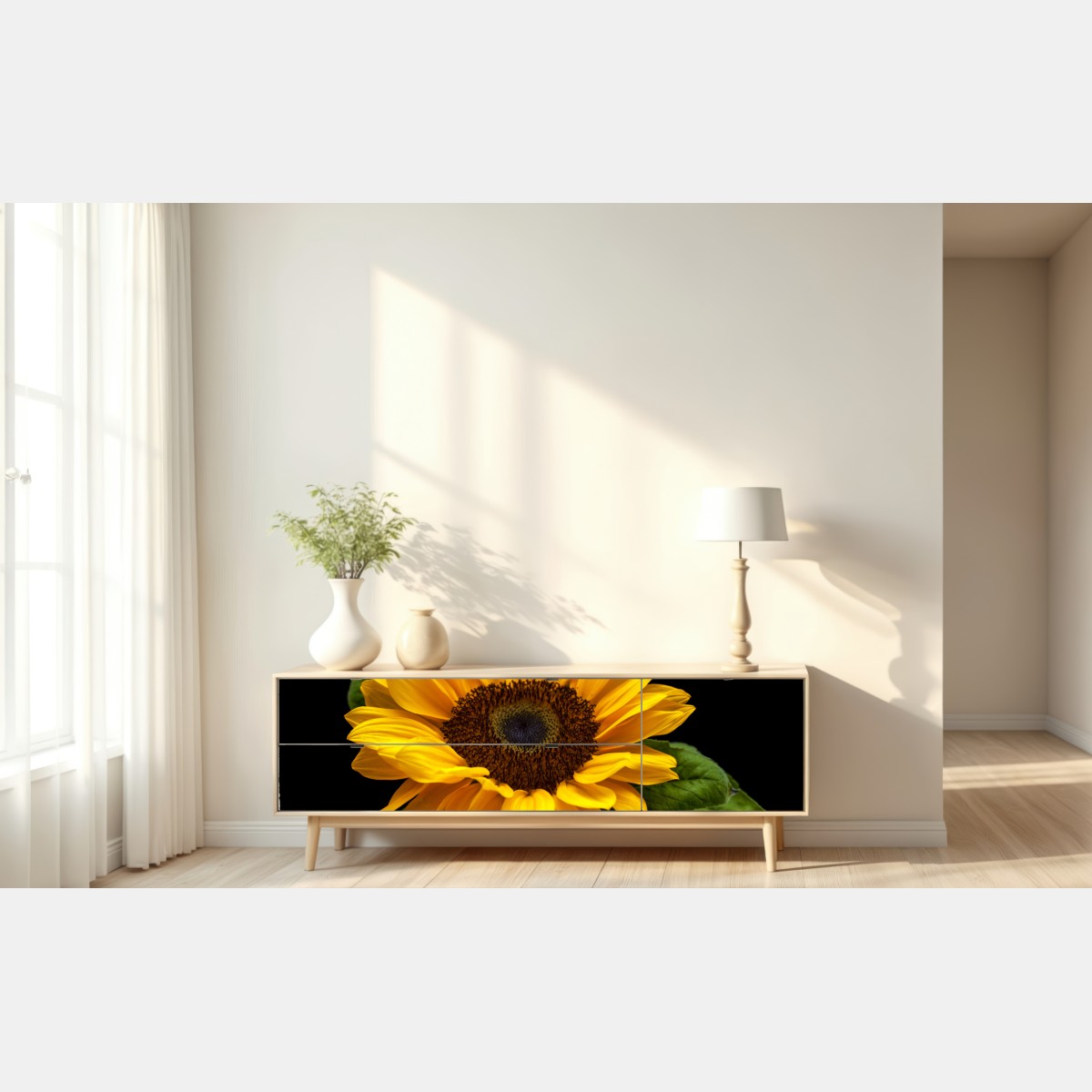 Naklejka repozycjonowalna żywy słonecznik na czarnym tle – Wallissimo® Naklejka repozycjonowalna żywy słonecznik na czarnym tle – Wallissimo®