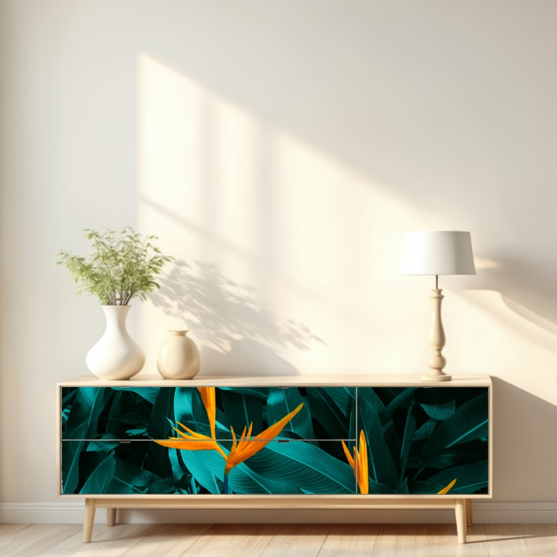 Naklejka repozycjonowalna tropikalna strelicja na turkusowych liściach – Wallissimo® Naklejka repozycjonowalna tropikalna strelicja na turkusowych liściach – Wallissimo®