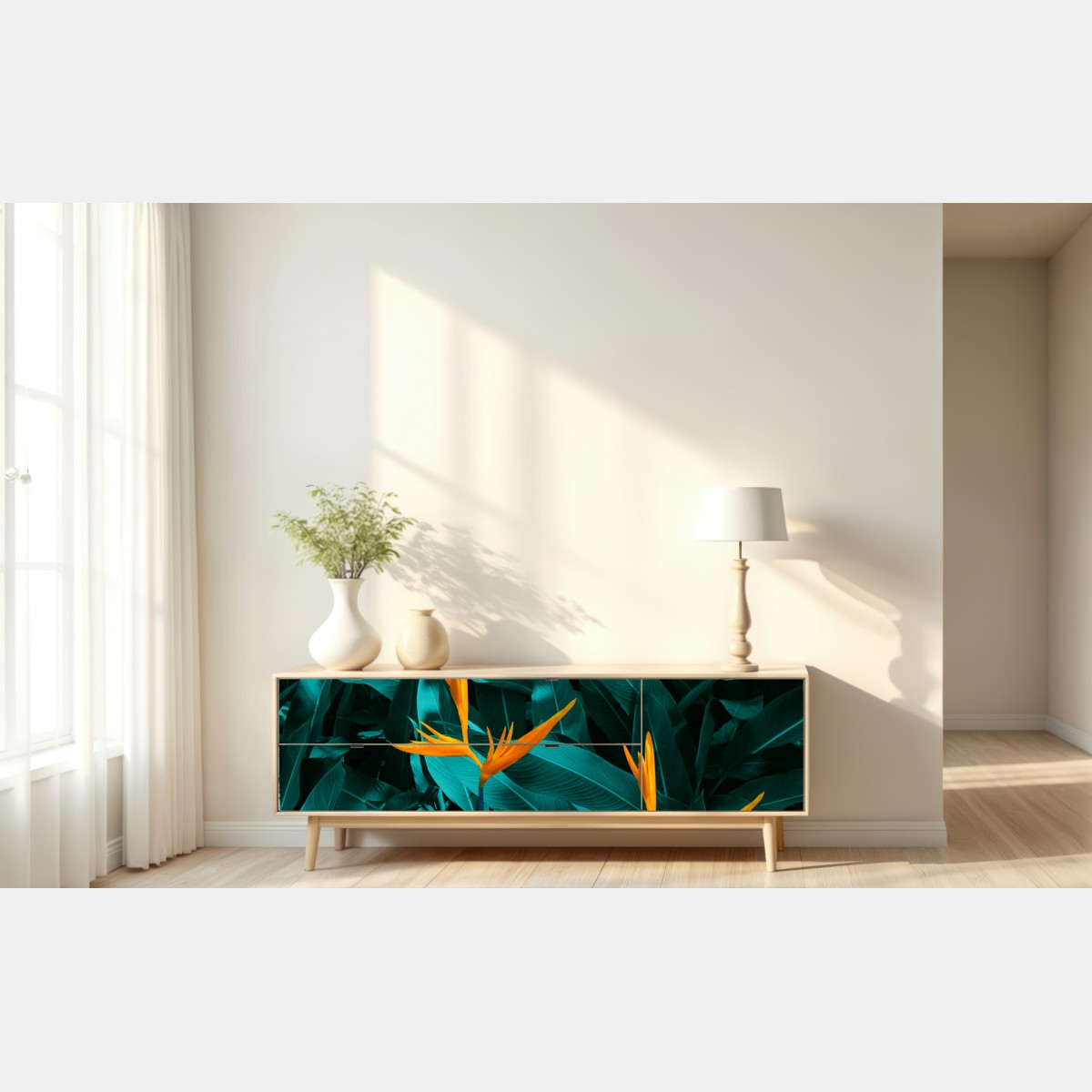 Naklejka repozycjonowalna tropikalna strelicja na turkusowych liściach – Wallissimo® Naklejka repozycjonowalna tropikalna strelicja na turkusowych liściach – Wallissimo®