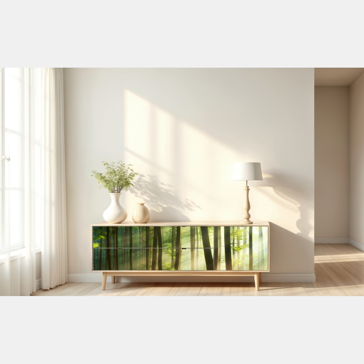 Naklejka repozycjonowalna poranny las skąpany w słońcu – Wallissimo® Naklejka repozycjonowalna poranny las skąpany w słońcu – Wallissimo®