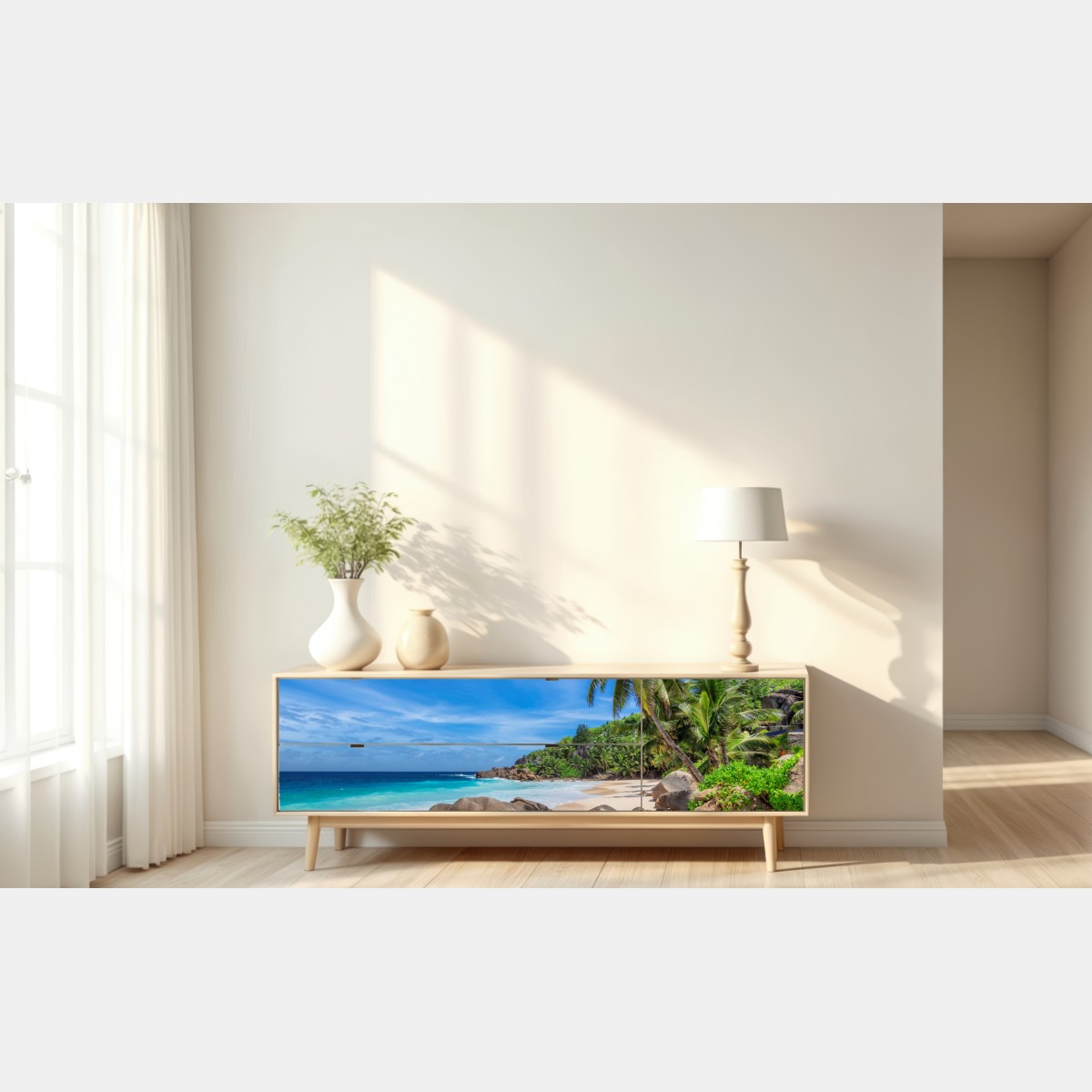 Naklejka repozycjonowalna tropikalna plaża z palmami – Wallissimo® Naklejka repozycjonowalna tropikalna plaża z palmami – Wallissimo®