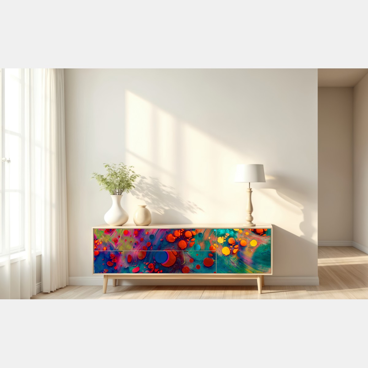 Naklejka repozycjonowalna żywe turkusowo-pomarańczowe marmurkowe dzieło – Wallissimo® Naklejka repozycjonowalna żywe turkusowo-pomarańczowe marmurkowe dzieło – Wallissimo®