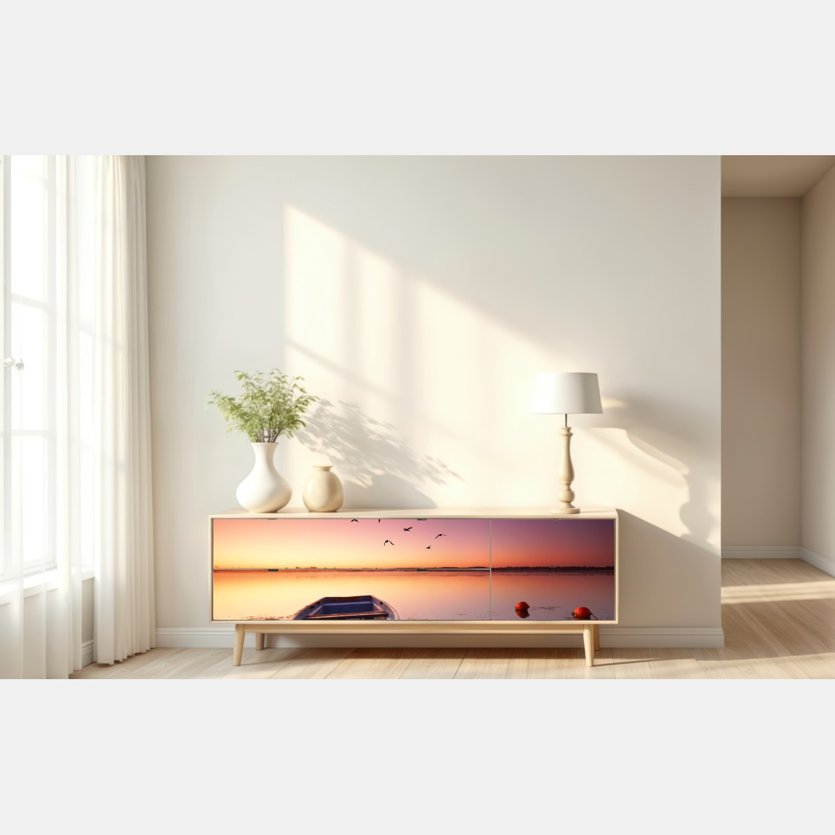 Naklejka repozycjonowalna spokojna łódź o zmierzchu nad jeziorem – Wallissimo® Naklejka repozycjonowalna spokojna łódź o zmierzchu nad jeziorem – Wallissimo®