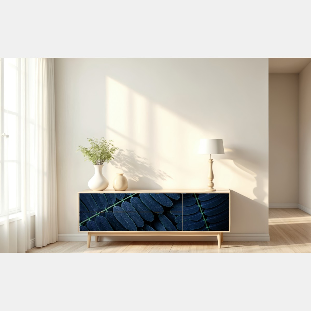Naklejka repozycjonowalna niebieski wzór liści – Wallissimo® Naklejka repozycjonowalna niebieski wzór liści – Wallissimo®