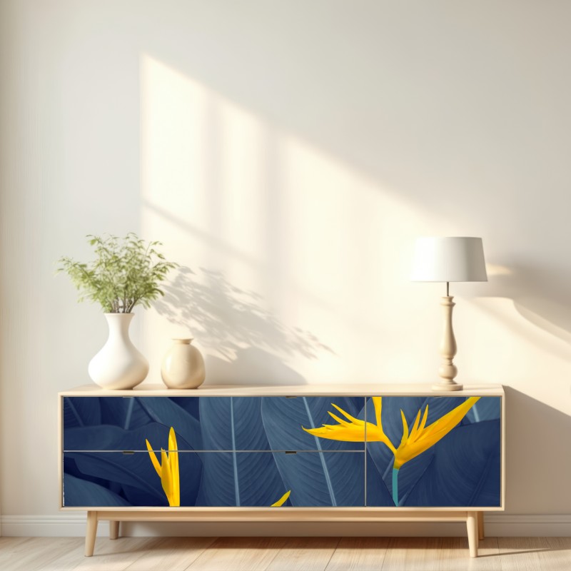 Naklejka repozycjonowalna żółta strelicja na niebieskich liściach – Wallissimo® Naklejka repozycjonowalna żółta strelicja na niebieskich liściach – Wallissimo®