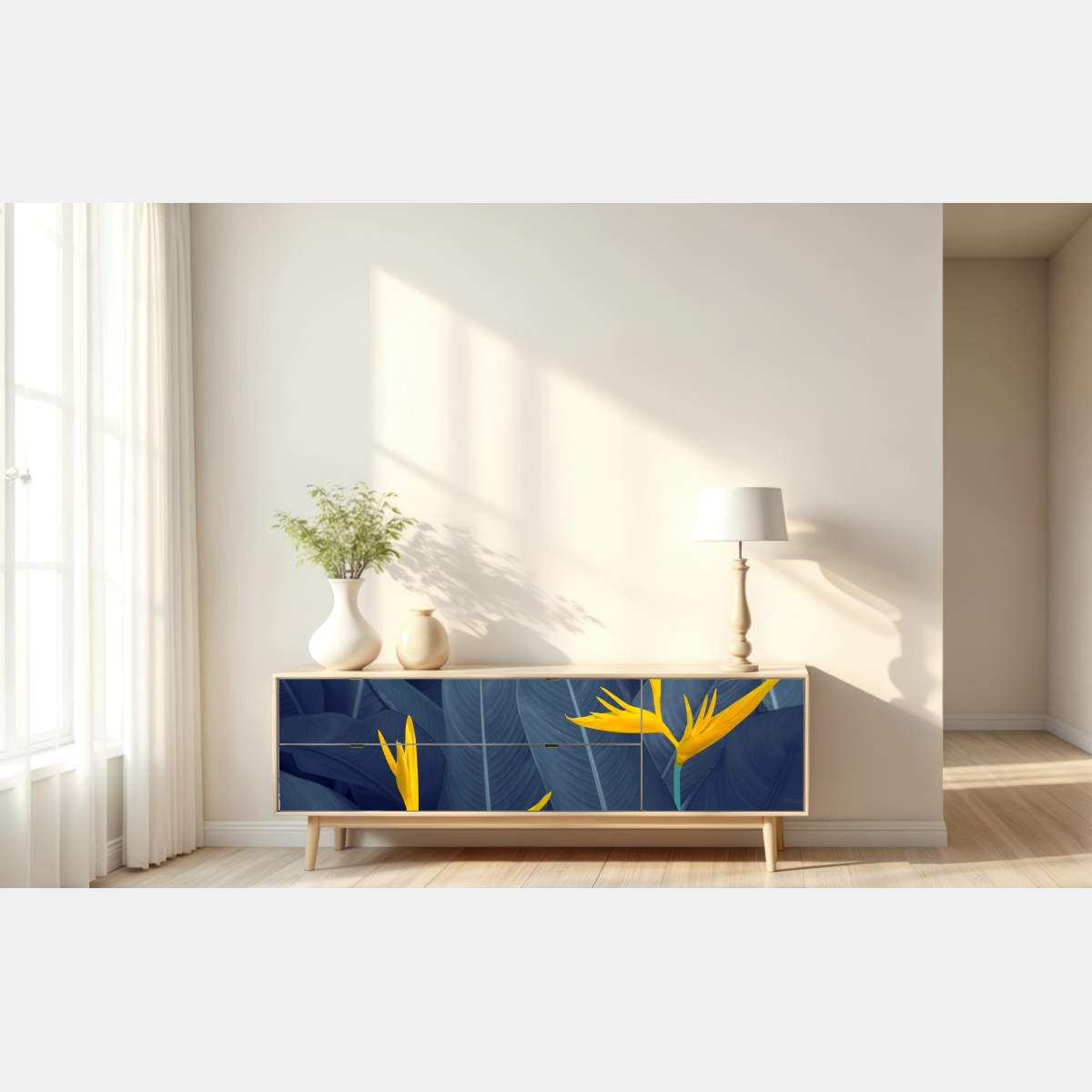 Naklejka repozycjonowalna żółta strelicja na niebieskich liściach – Wallissimo® Naklejka repozycjonowalna żółta strelicja na niebieskich liściach – Wallissimo®