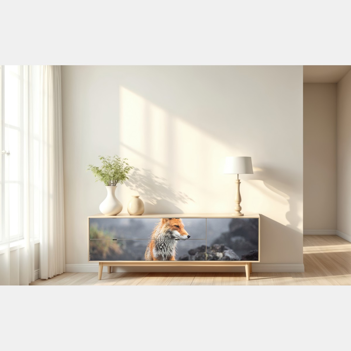 Naklejka repozycjonowalna rudy lis w mglistym krajobrazie – Wallissimo® Naklejka repozycjonowalna rudy lis w mglistym krajobrazie – Wallissimo®