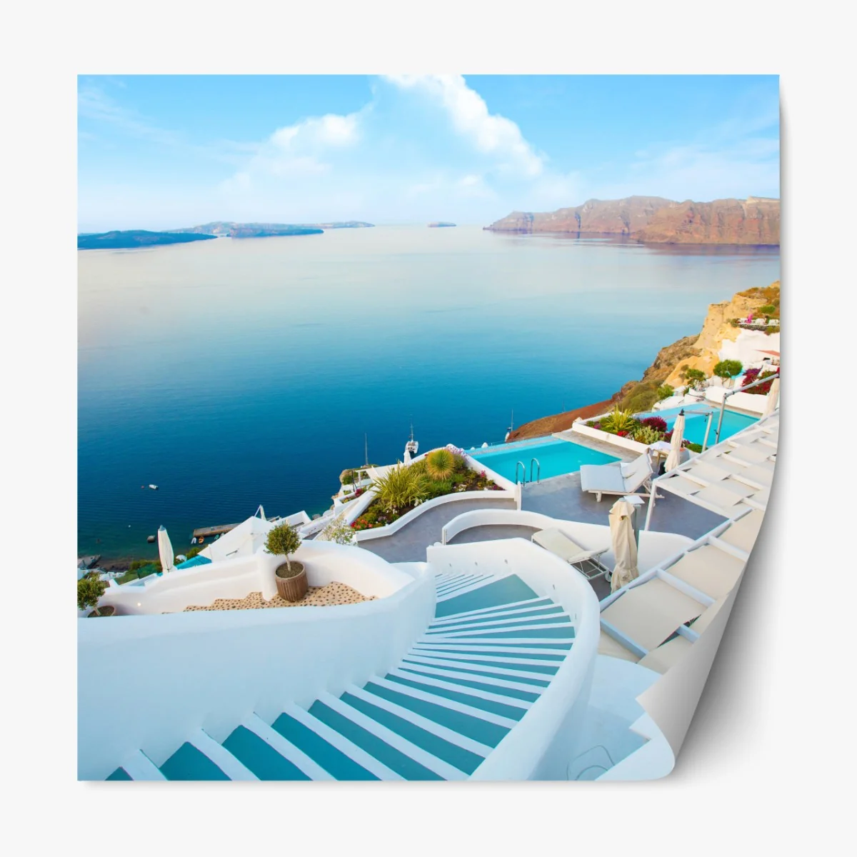 Naklejka repozycjonowalna Santorini widok na morze z tarasu – Wallissimo® Naklejka repozycjonowalna Santorini widok na morze z tarasu – Wallissimo®