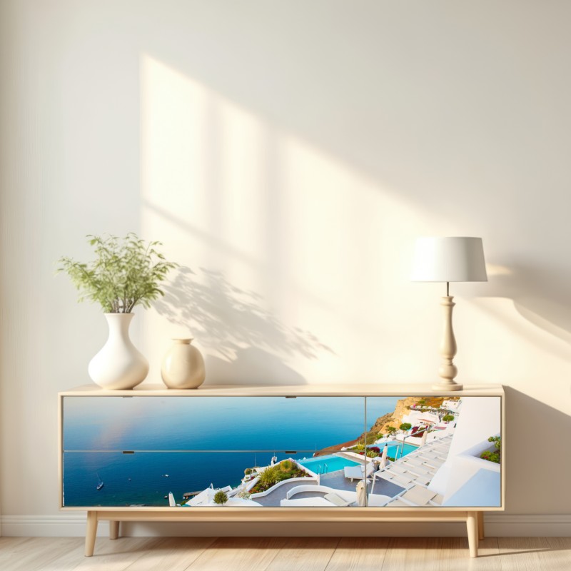 Naklejka repozycjonowalna Santorini widok na morze z tarasu – Wallissimo® Naklejka repozycjonowalna Santorini widok na morze z tarasu – Wallissimo®