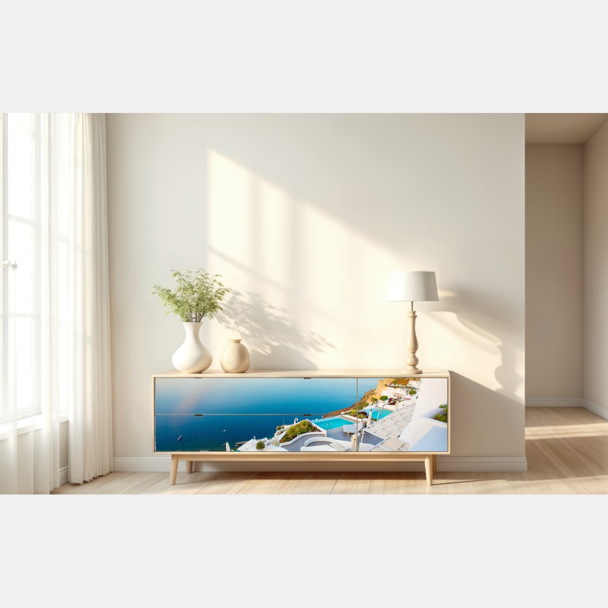 Naklejka repozycjonowalna Santorini widok na morze z tarasu – Wallissimo® Naklejka repozycjonowalna Santorini widok na morze z tarasu – Wallissimo®