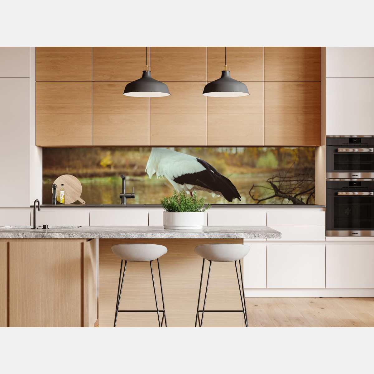 Naklejka repozycjonowalna biały bocian nad jesiennym jeziorem – Wallissimo® Naklejka repozycjonowalna biały bocian nad jesiennym jeziorem – Wallissimo®