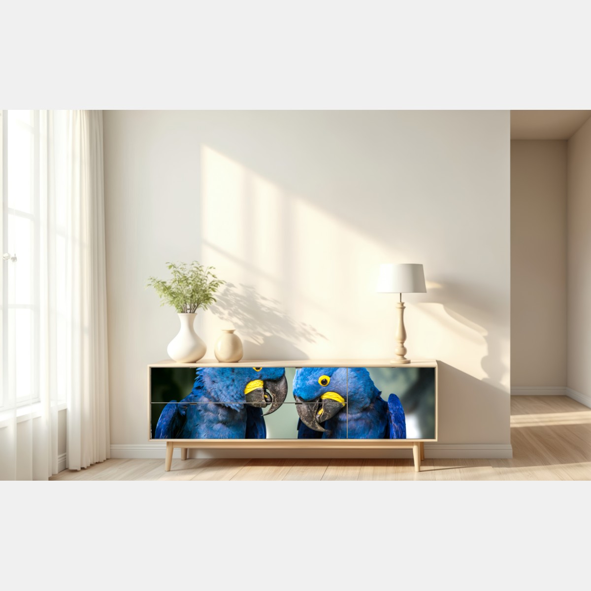 Naklejka repozycjonowalna para niebieskich ary - portret z bliska – Wallissimo® Naklejka repozycjonowalna para niebieskich ary - portret z bliska – Wallissimo®