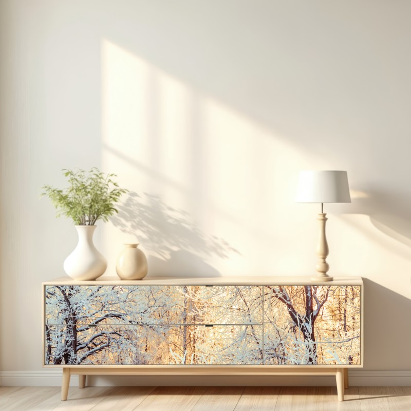 Naklejka repozycjonowalna zimowe światło słońca w zaśnieżonym lesie – Wallissimo® Naklejka repozycjonowalna zimowe światło słońca w zaśnieżonym lesie – Wallissimo®