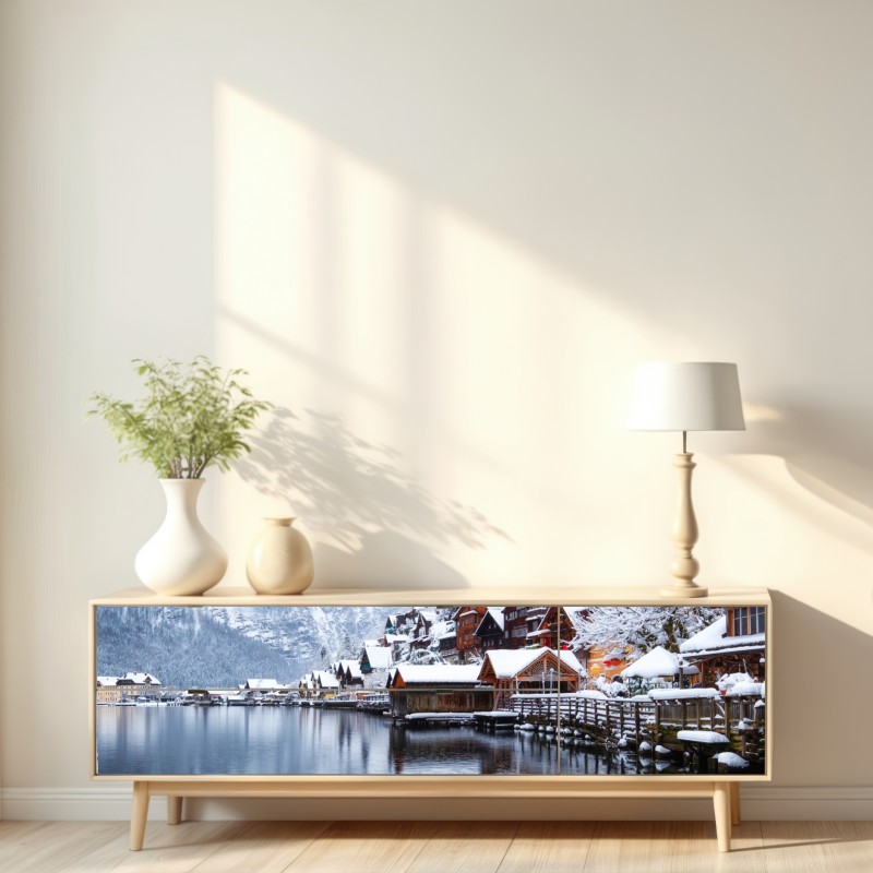 Naklejka repozycjonowalna śnieżna wieś Hallstatt nad jeziorem – Wallissimo® Naklejka repozycjonowalna śnieżna wieś Hallstatt nad jeziorem – Wallissimo®