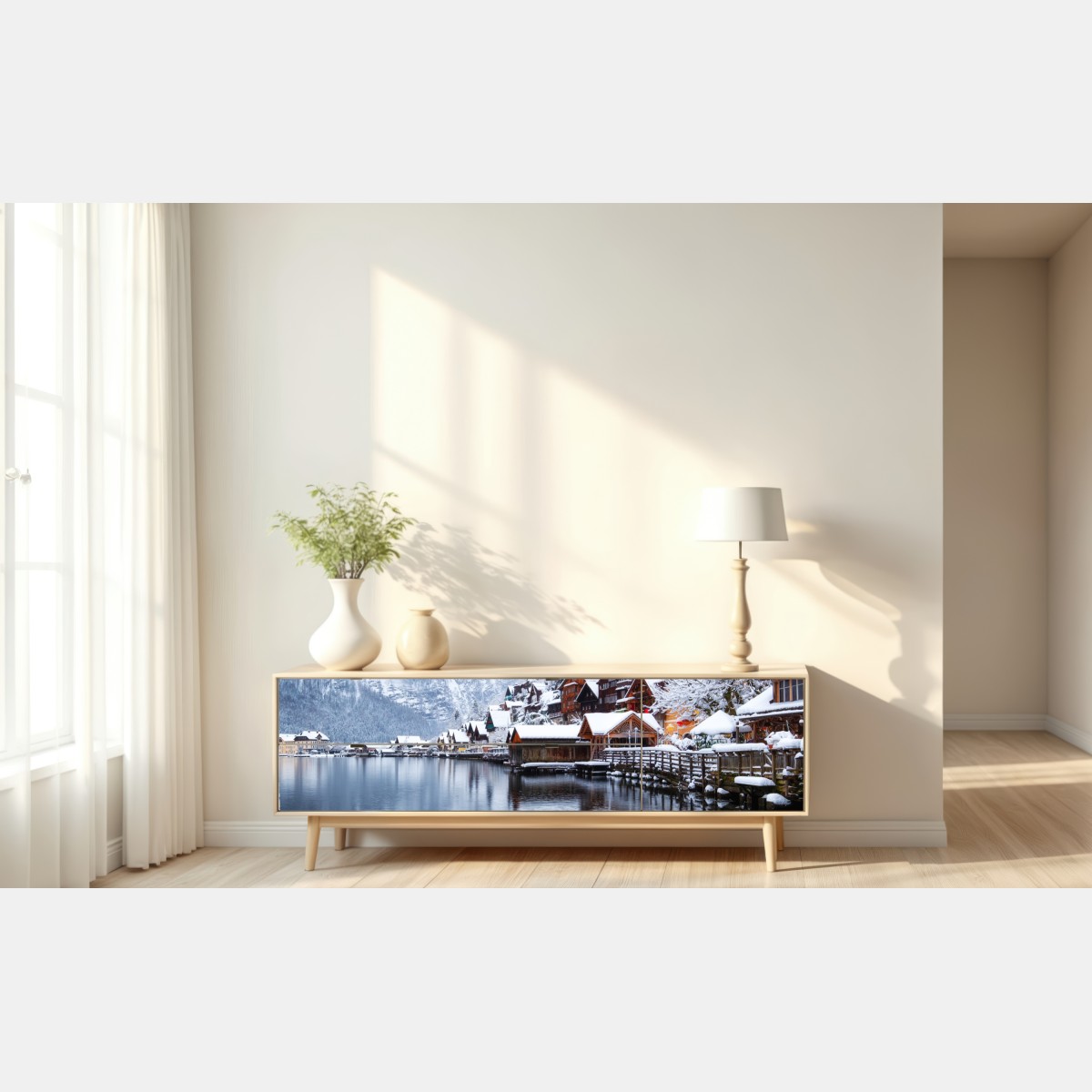 Naklejka repozycjonowalna śnieżna wieś Hallstatt nad jeziorem – Wallissimo® Naklejka repozycjonowalna śnieżna wieś Hallstatt nad jeziorem – Wallissimo®