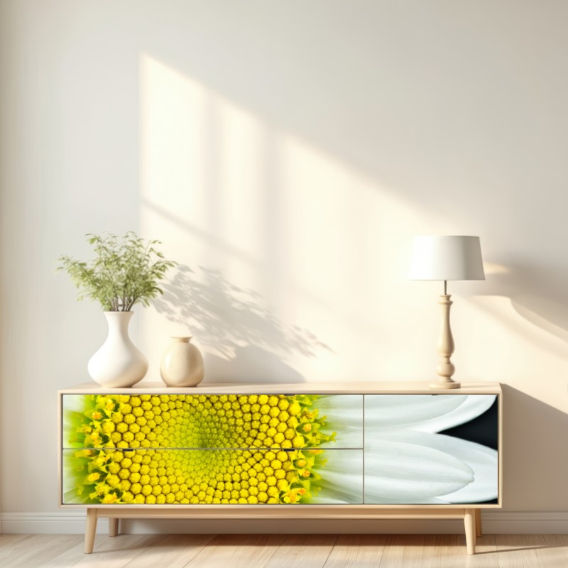 Naklejka repozycjonowalna makro stokrotki w spiralnym wzorze – Wallissimo® Naklejka repozycjonowalna makro stokrotki w spiralnym wzorze – Wallissimo®