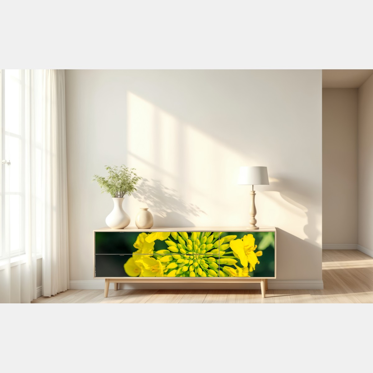 Naklejka repozycjonowalna żywy żółty kwiat rzepaku w zbliżeniu – Wallissimo® Naklejka repozycjonowalna żywy żółty kwiat rzepaku w zbliżeniu – Wallissimo®