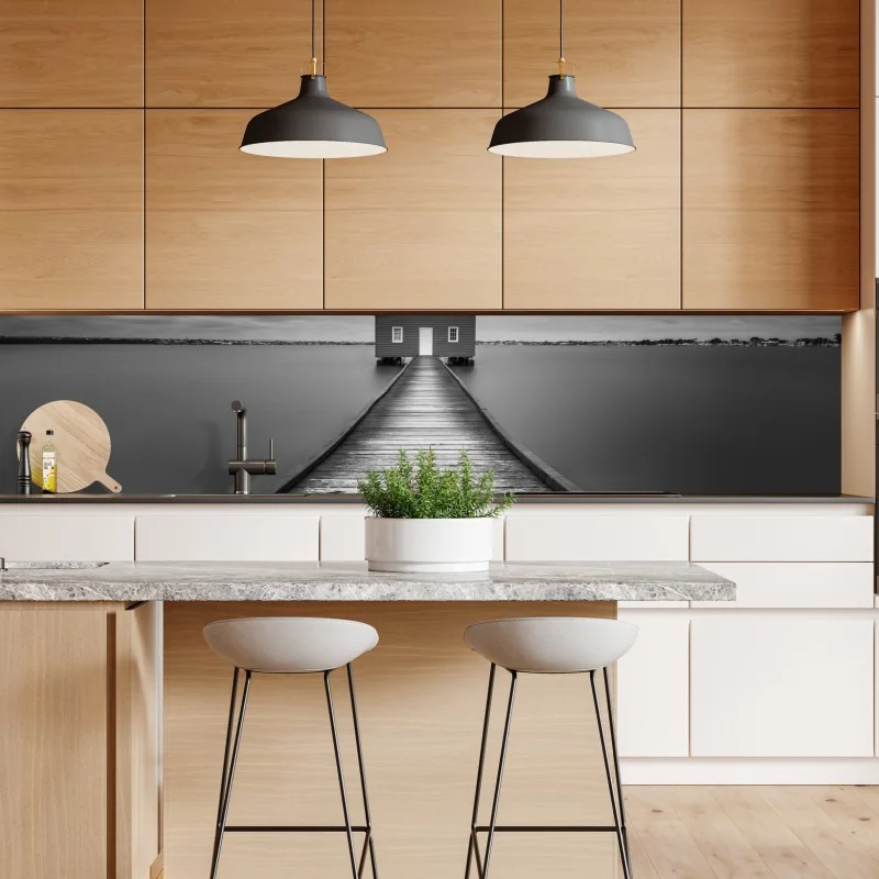 Naklejka repozycjonowalna jesienne przedpołudnie nad jeziorem z pomostem – Wallissimo®