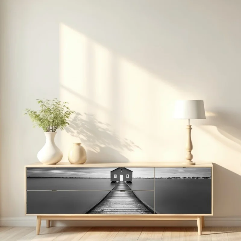 Naklejka repozycjonowalna samotny domek na pomoście nad spokojną wodą – Wallissimo® Naklejka repozycjonowalna samotny domek na pomoście nad spokojną wodą – Wallissimo®