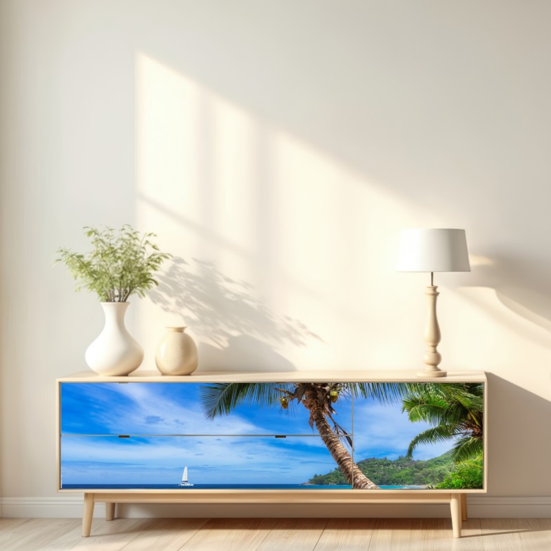 Naklejka repozycjonowalna tropikalna plaża z palmą – Wallissimo® Naklejka repozycjonowalna tropikalna plaża z palmą – Wallissimo®