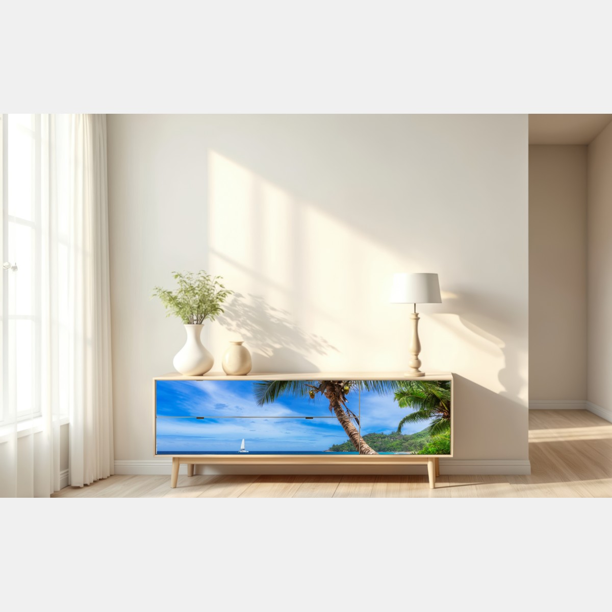 Naklejka repozycjonowalna tropikalna plaża z palmą – Wallissimo® Naklejka repozycjonowalna tropikalna plaża z palmą – Wallissimo®