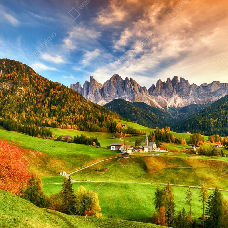 Naklejka repozycjonowalna jesienny zachód słońca nad Santa Maddalena, Dolomity – Wallissimo® Naklejka repozycjonowalna jesienny zachód słońca nad Santa Maddalena, Dolomity – Wallissimo®