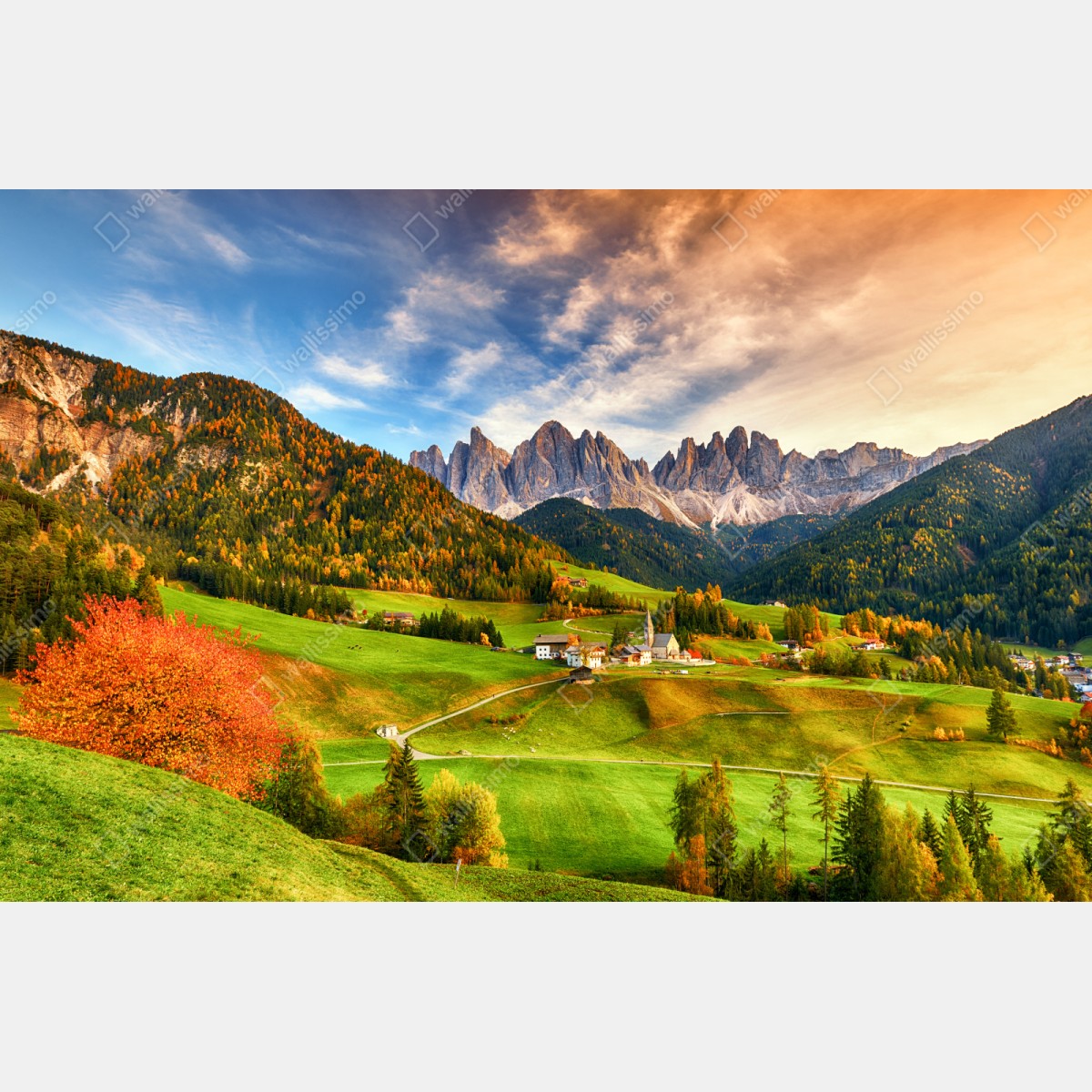 Naklejka repozycjonowalna jesienny zachód słońca nad Santa Maddalena, Dolomity – Wallissimo® Naklejka repozycjonowalna jesienny zachód słońca nad Santa Maddalena, Dolomity – Wallissimo®