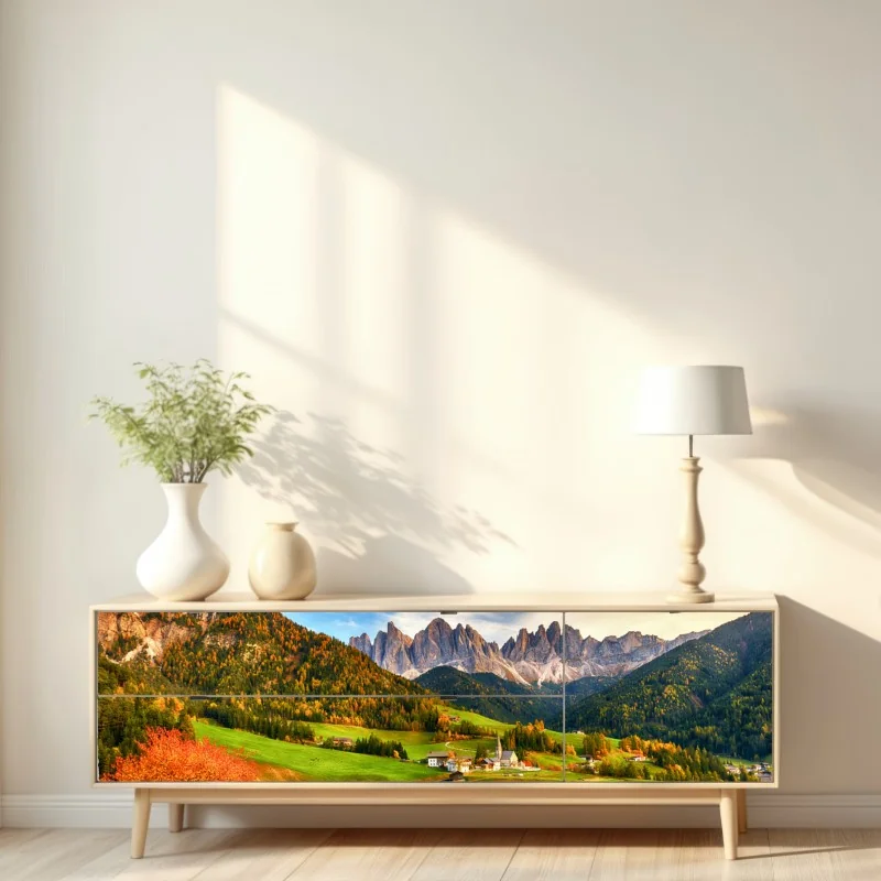 Naklejka repozycjonowalna jesienny zachód słońca nad Santa Maddalena, Dolomity – Wallissimo® Naklejka repozycjonowalna jesienny zachód słońca nad Santa Maddalena, Dolomity – Wallissimo®