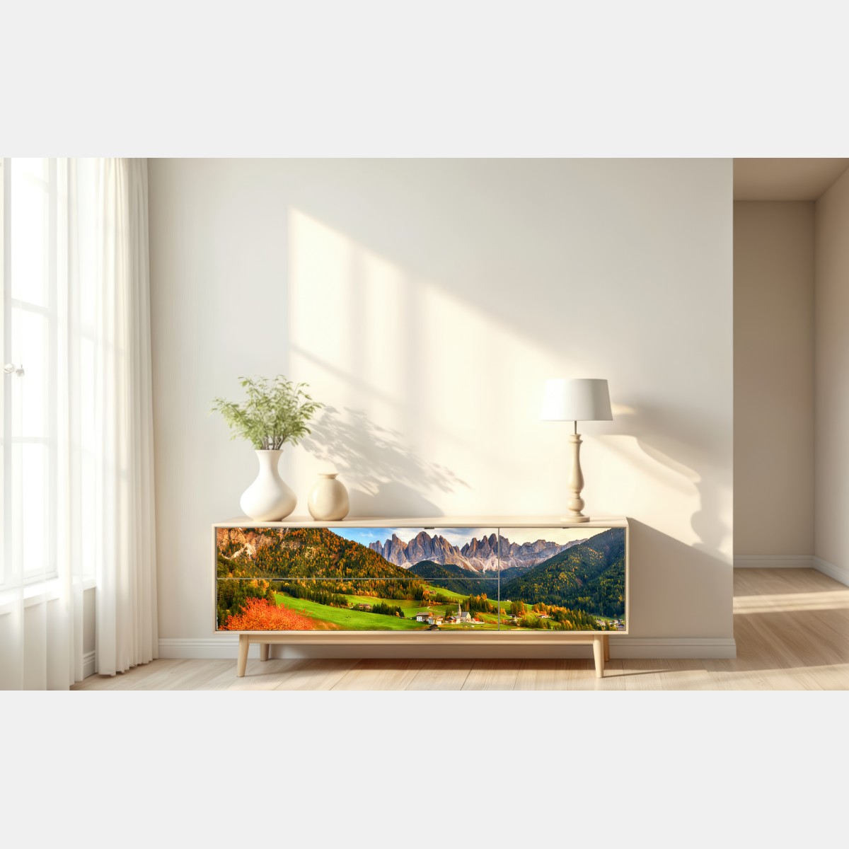 Naklejka repozycjonowalna jesienny zachód słońca nad Santa Maddalena, Dolomity – Wallissimo® Naklejka repozycjonowalna jesienny zachód słońca nad Santa Maddalena, Dolomity – Wallissimo®