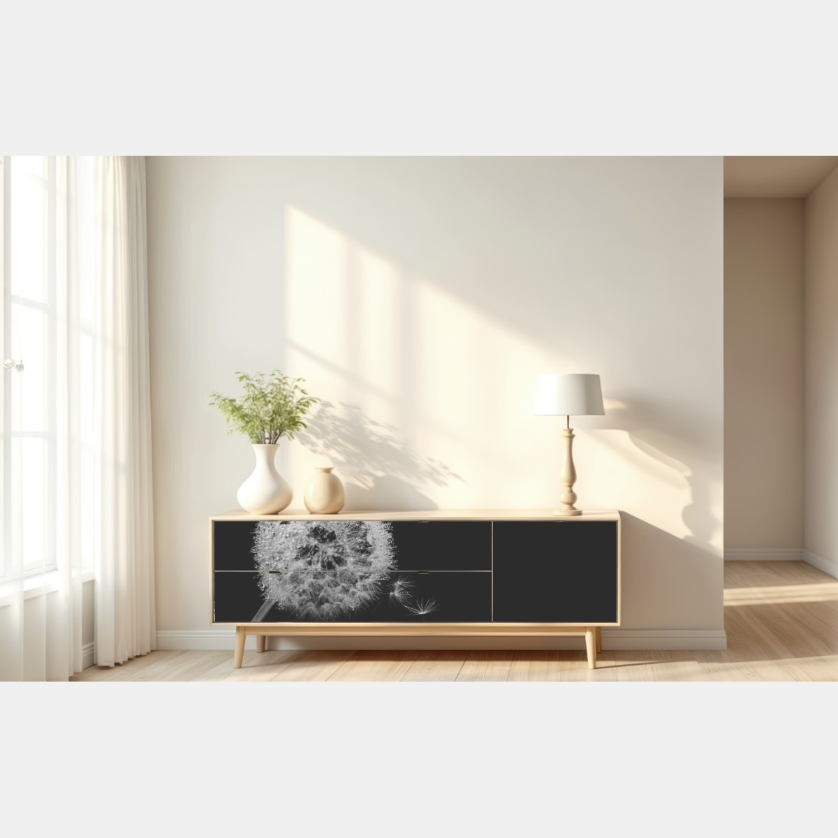 Naklejka repozycjonowalna delikatny dmuchawiec w monochromie – Wallissimo® Naklejka repozycjonowalna delikatny dmuchawiec w monochromie – Wallissimo®