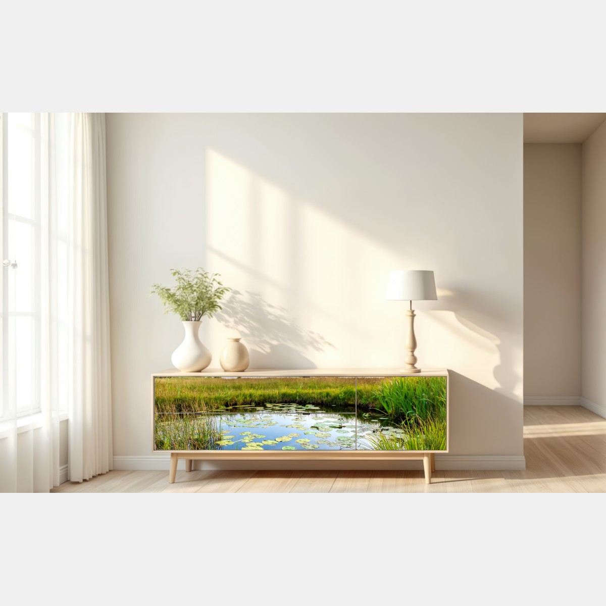 Naklejka repozycjonowalna spokojny staw z grążelami na łące – Wallissimo® Naklejka repozycjonowalna spokojny staw z grążelami na łące – Wallissimo®