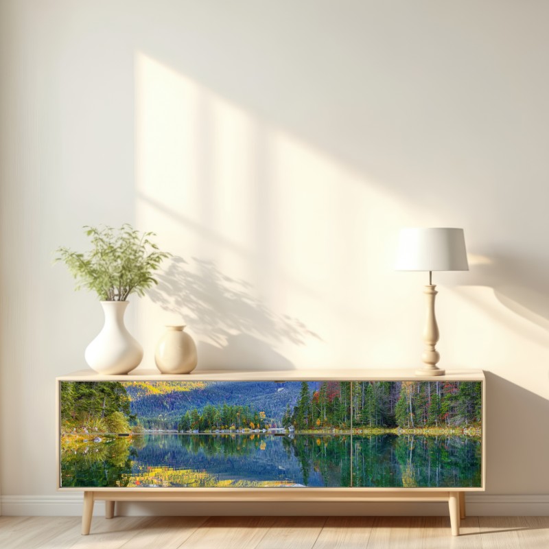 Naklejka repozycjonowalna jesienne odbicie na Eibsee przy Zugspitze – Wallissimo® Naklejka repozycjonowalna jesienne odbicie na Eibsee przy Zugspitze – Wallissimo®