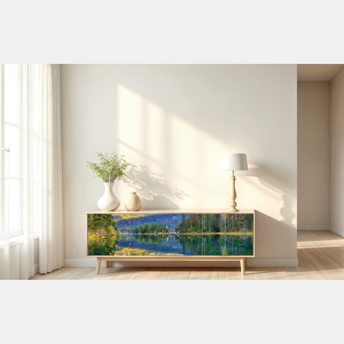 Naklejka repozycjonowalna jesienne odbicie na Eibsee przy Zugspitze – Wallissimo® Naklejka repozycjonowalna jesienne odbicie na Eibsee przy Zugspitze – Wallissimo®