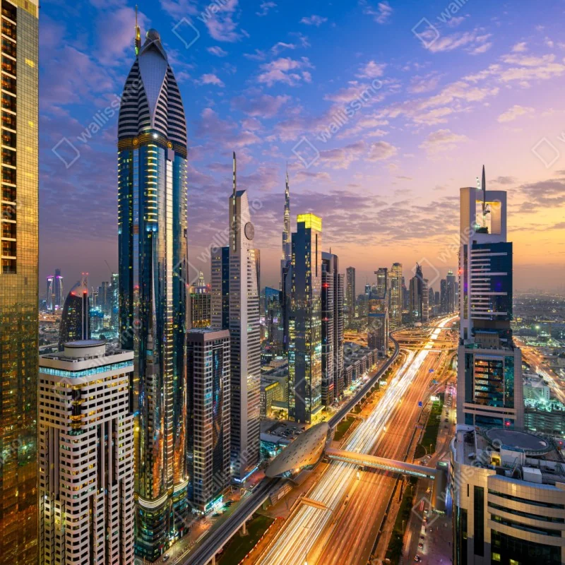 Naklejka repozycjonowalna panorama Dubaju o zmierzchu – Wallissimo® Naklejka repozycjonowalna panorama Dubaju o zmierzchu – Wallissimo®