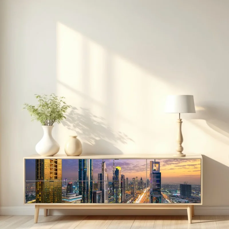 Naklejka repozycjonowalna panorama Dubaju o zmierzchu – Wallissimo® Naklejka repozycjonowalna panorama Dubaju o zmierzchu – Wallissimo®