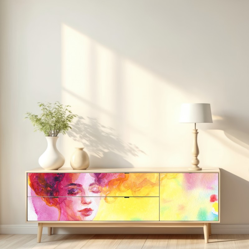 Naklejka repozycjonowalna promienny akwarelowy portret kobiety – Wallissimo® Naklejka repozycjonowalna promienny akwarelowy portret kobiety – Wallissimo®