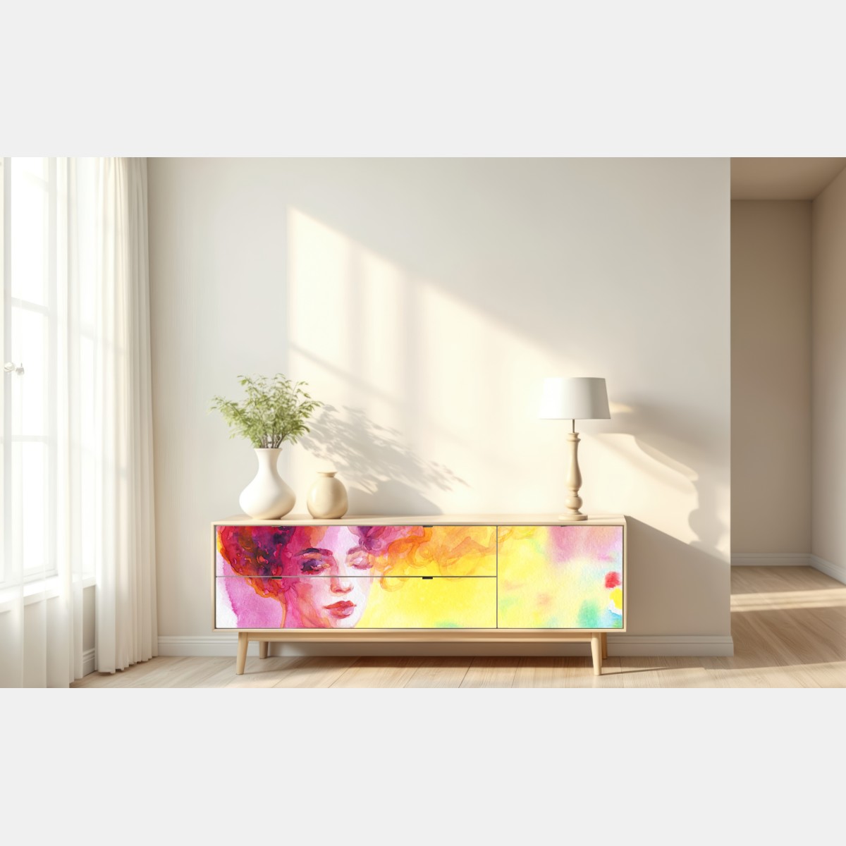 Naklejka repozycjonowalna promienny akwarelowy portret kobiety – Wallissimo® Naklejka repozycjonowalna promienny akwarelowy portret kobiety – Wallissimo®