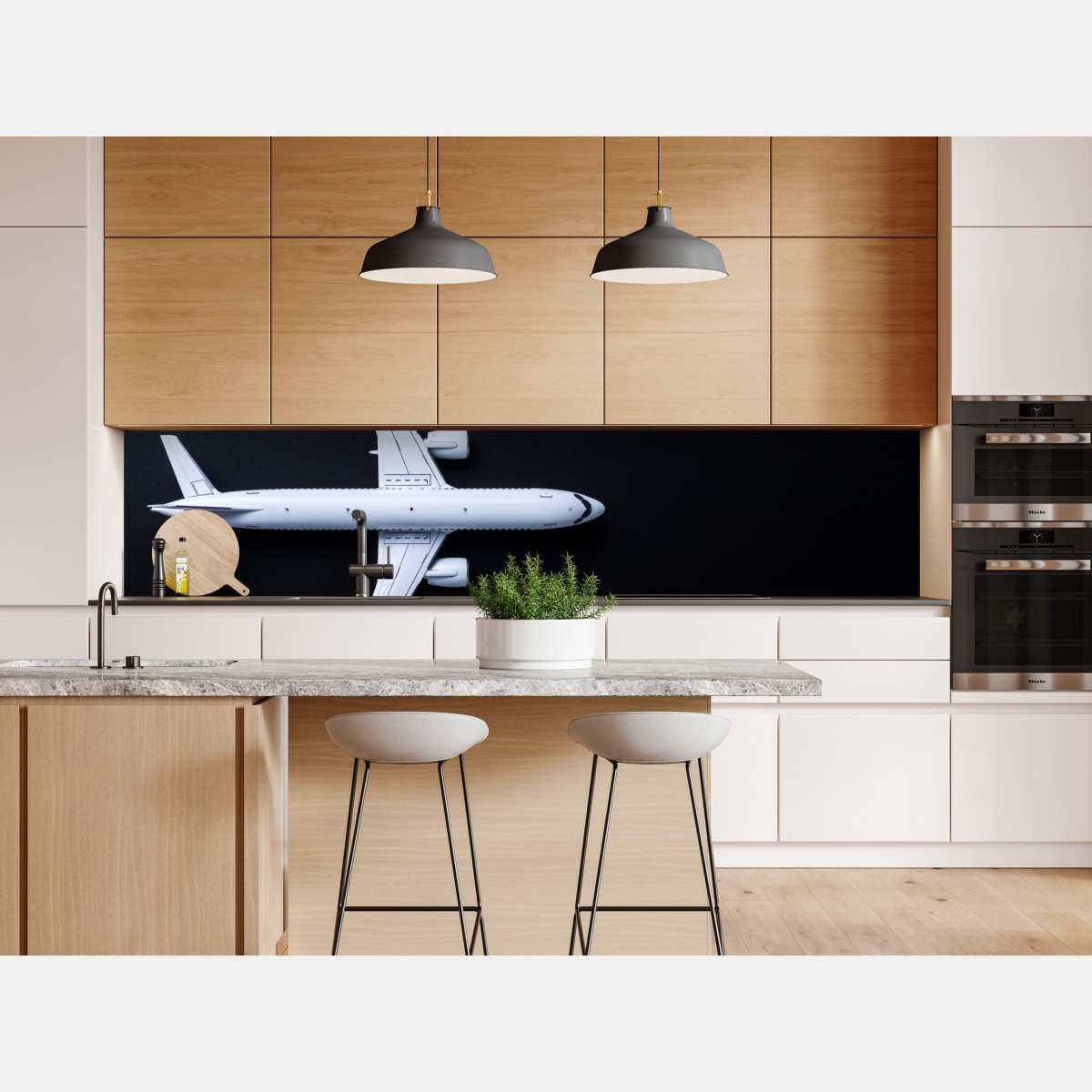 Naklejka repozycjonowalna biały samolot widok z góry na czarnym tle – Wallissimo® Naklejka repozycjonowalna biały samolot widok z góry na czarnym tle – Wallissimo®