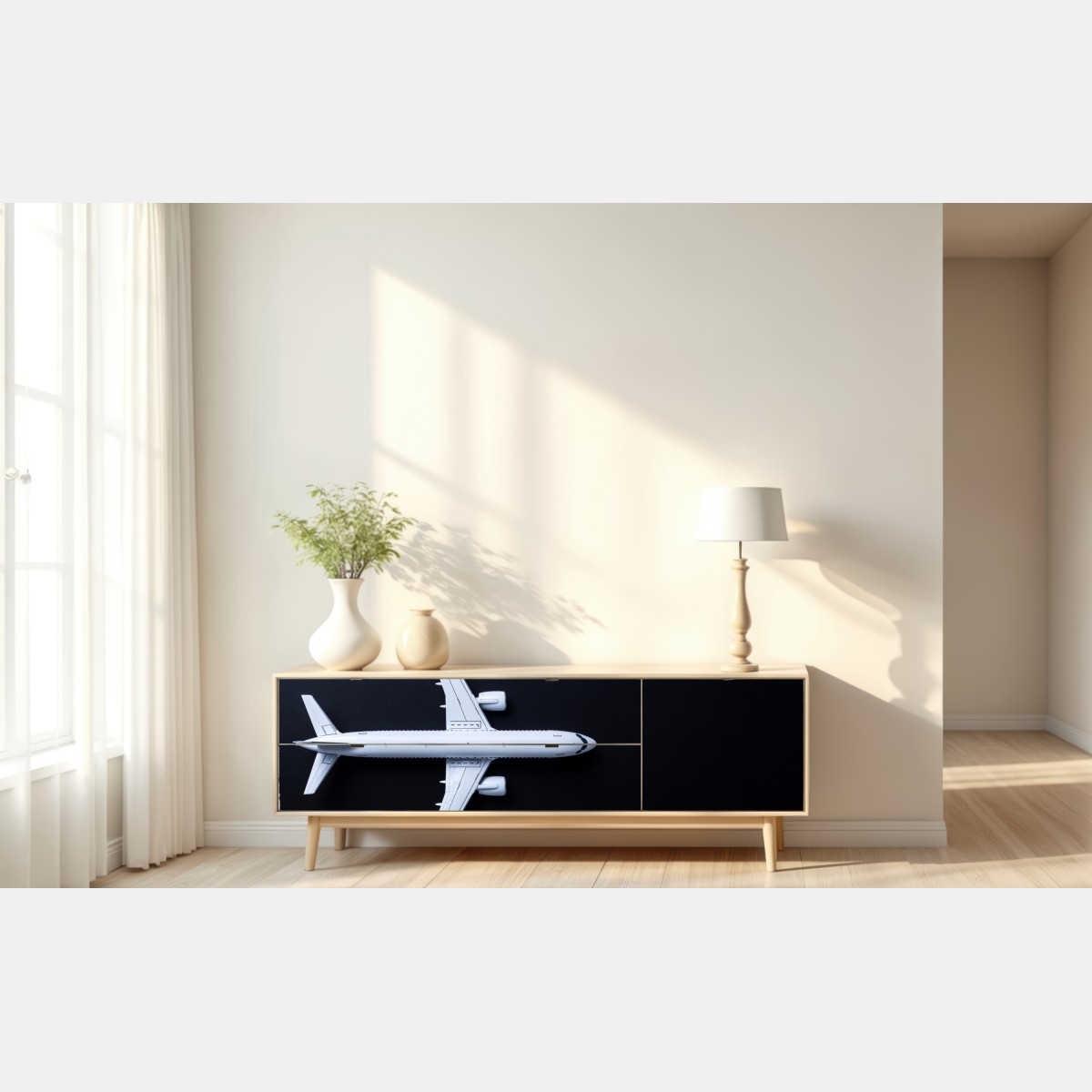 Naklejka repozycjonowalna biały samolot widok z góry na czarnym tle – Wallissimo® Naklejka repozycjonowalna biały samolot widok z góry na czarnym tle – Wallissimo®